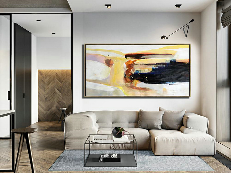 Extra Large Acrylic Painting On Canvas,Horizontal Palette Knife Contemporary Art Panoramic Canvas Painting,Original Art Acrylic Painting,Grey,Yellow,Black,Brown.etc